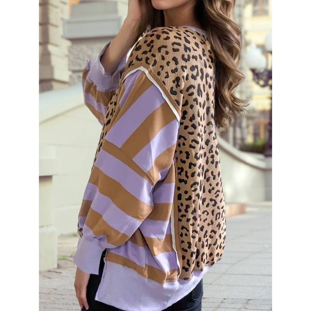 Women’s Leopard Print Oversized Sweater – Lavender Stripe Sleeve Knit - Picture 2 of 2